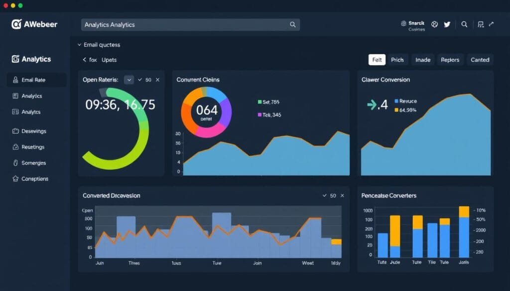 AWeber analytics dashboard showing email performance metrics AWeber analytics dashboard showing email performance metrics