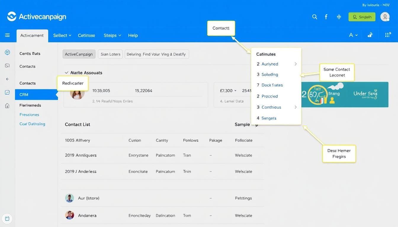 ActiveCampaign CRM dashboard showing contact management interface