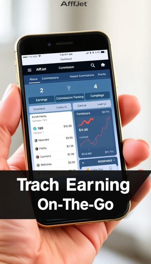 AffJet mobile app showing commission tracking on smartphone AffJet mobile app showing commission tracking on smartphone