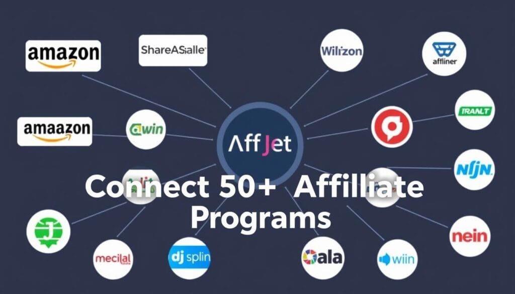 AffJet's network integration panel showing multiple connected affiliate programs AffJet's network integration panel showing multiple connected affiliate programs