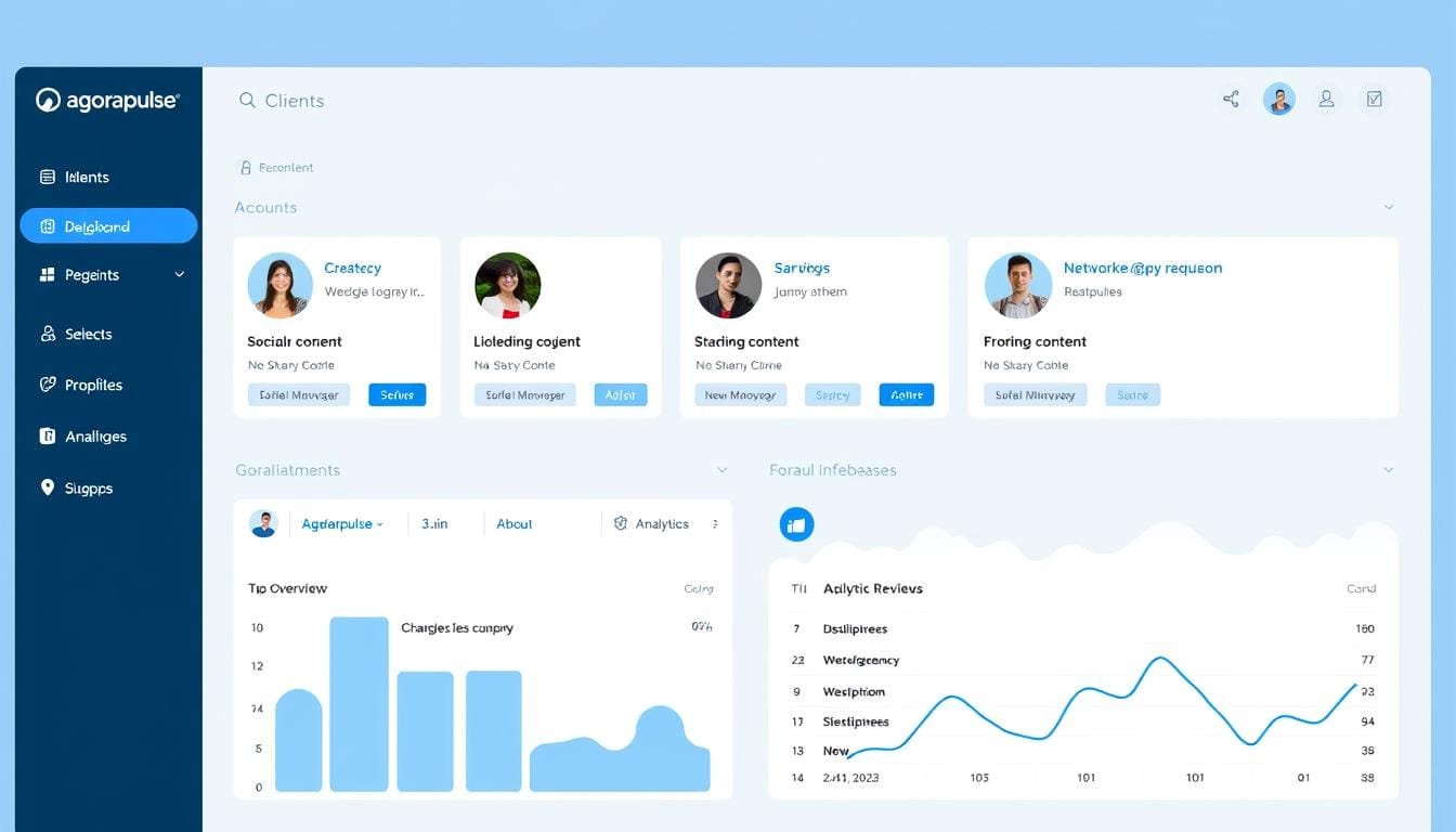 Agorapulse dashboard overview showing multiple client accounts