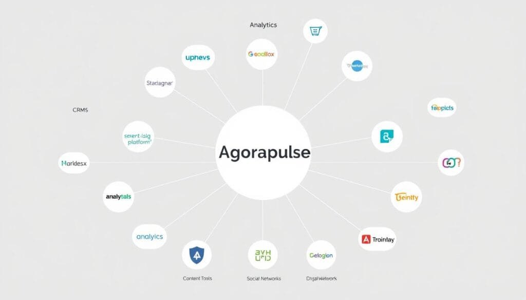 Agorapulse platform integrations diagram showing connections with other tools Agorapulse platform integrations diagram showing connections with other tools