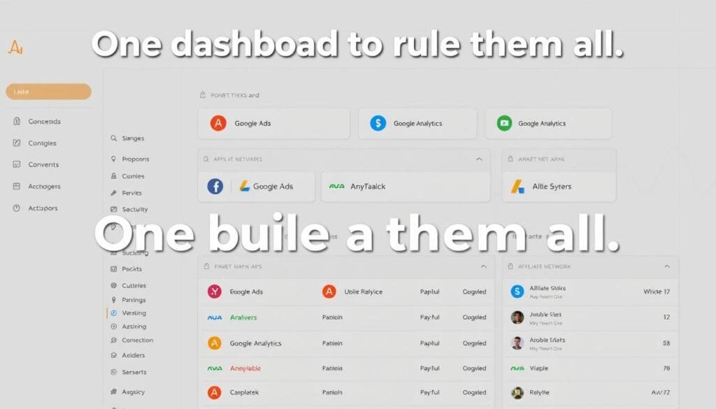 AnyTrack dashboard showing connected platforms including Google Ads, Facebook, and affiliate networks AnyTrack dashboard showing connected platforms including Google Ads, Facebook, and affiliate networks