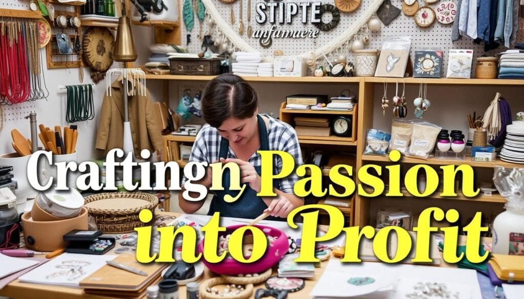 Artisan creating handmade products with finished items displayed for sale Artisan creating handmade products with finished items displayed for sale