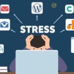 Before Kajabi: My Overwhelming Tool Stack showing multiple app icons with STRESS text overlay