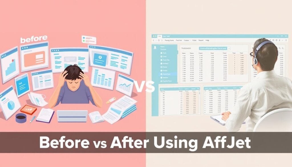 Before and after comparison of affiliate tracking with and without AffJet Before and after comparison of affiliate tracking with and without AffJet