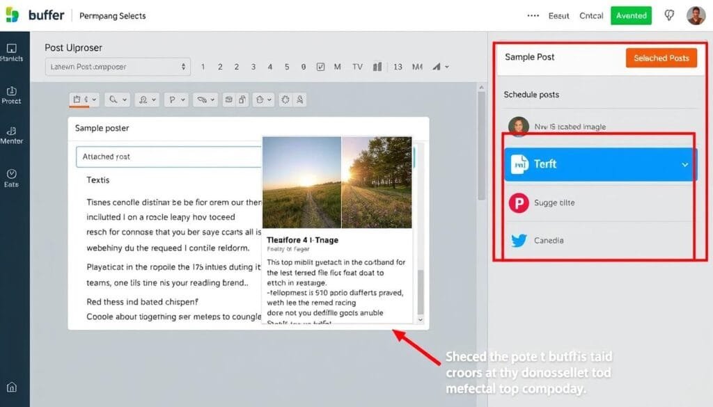 Buffer post composer showing text, image upload, and scheduling options Buffer post composer showing text, image upload, and scheduling options