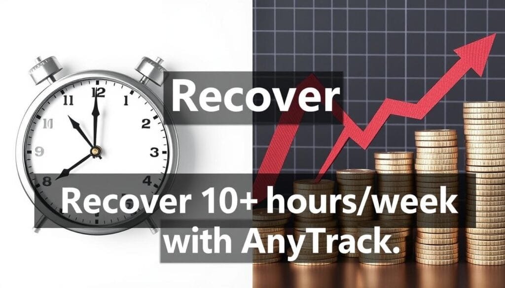 Clock and money graphic showing time and revenue savings with AnyTrack Clock and money graphic showing time and revenue savings with AnyTrack