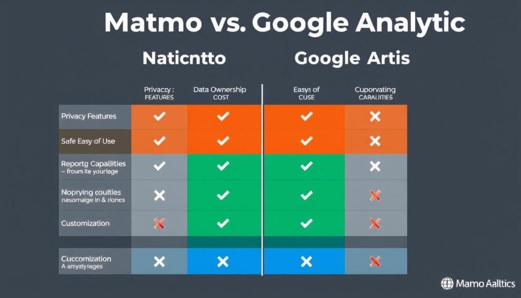 Comparison infographic showing Matomo vs Google Analytics features Comparison infographic showing Matomo vs Google Analytics features