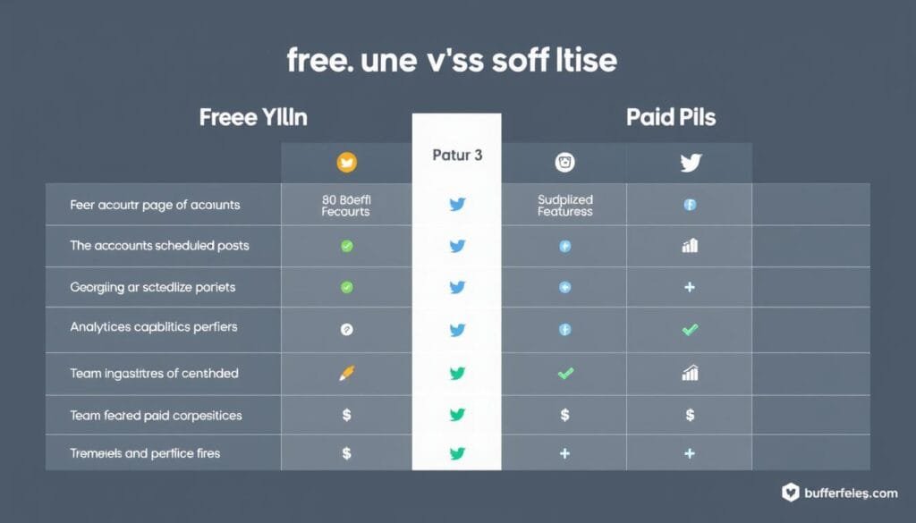 Comparison of Buffer free vs paid plans showing feature differences Comparison of Buffer free vs paid plans showing feature differences