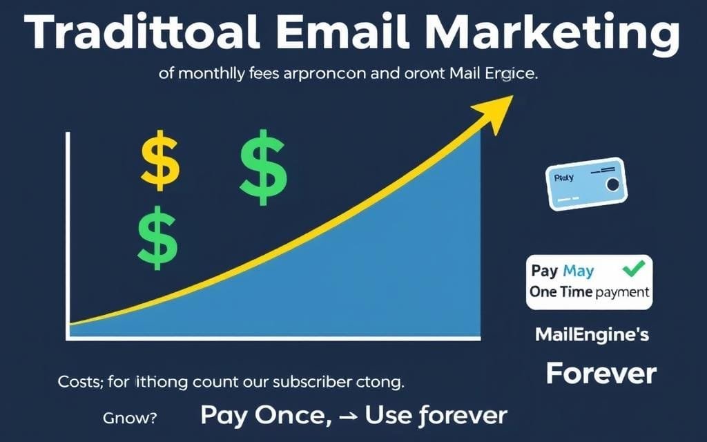 Comparison of traditional email marketing costs versus MailEngine's one-time payment model Comparison of traditional email marketing costs versus MailEngine's one-time payment model