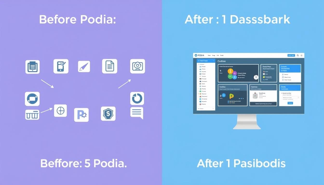 Comparison showing Podia's all-in-one dashboard versus multiple separate tools