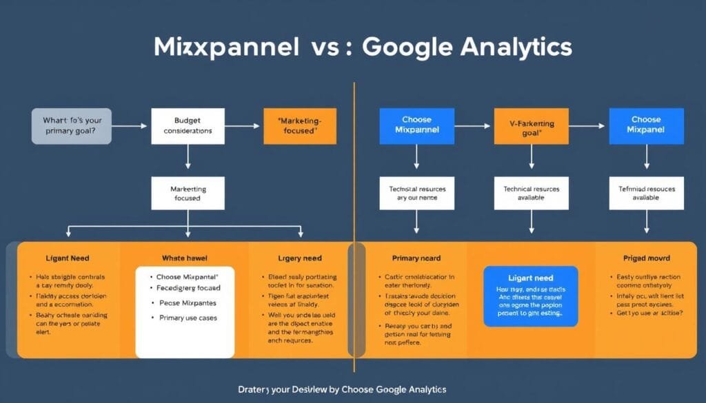 Decision flowchart helping businesses choose between Mixpanel and Google Analytics based on their specific needs Decision flowchart helping businesses choose between Mixpanel and Google Analytics based on their specific needs