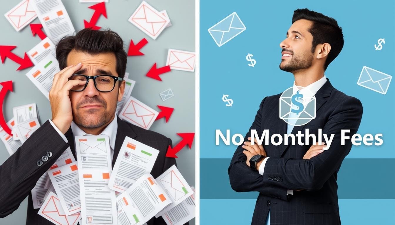 Email marketing frustrations showing monthly fees and technical complexity with MailEngine as the solution