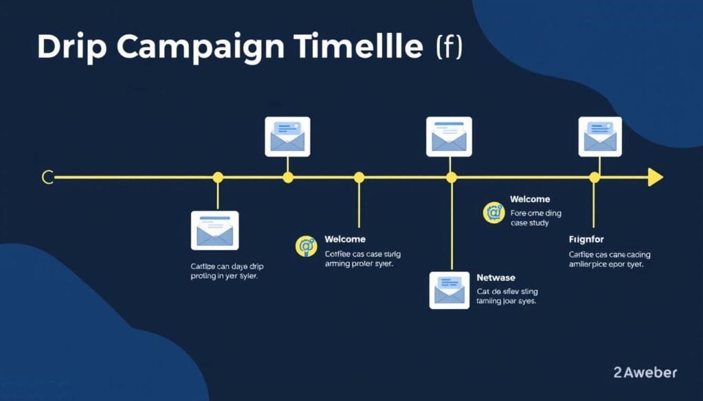 Example of a drip campaign timeline in AWeber Example of a drip campaign timeline in AWeber