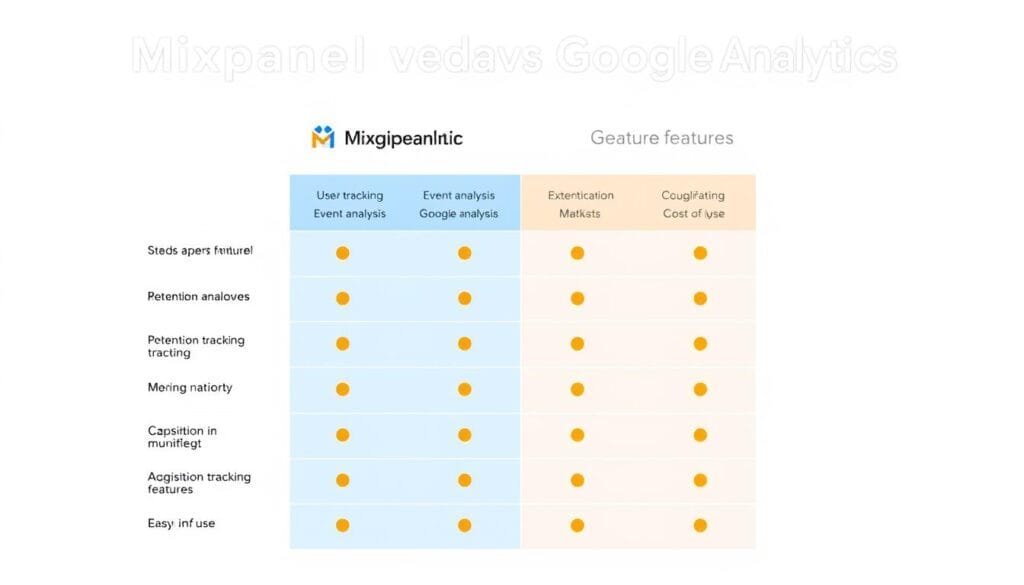 Feature comparison table between Mixpanel and Google Analytics showing ratings across different categories Feature comparison table between Mixpanel and Google Analytics showing ratings across different categories