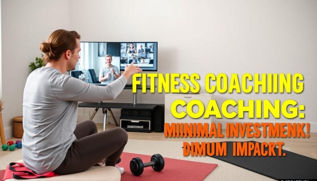 Fitness coach conducting online session with clients visible on screen and basic fitness equipment Fitness coach conducting online session with clients visible on screen and basic fitness equipment