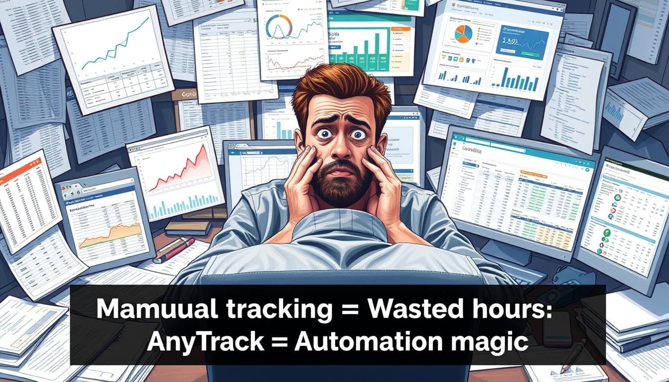 Frustrated marketer surrounded by messy spreadsheets and multiple browser tabs showing different analytics platforms
