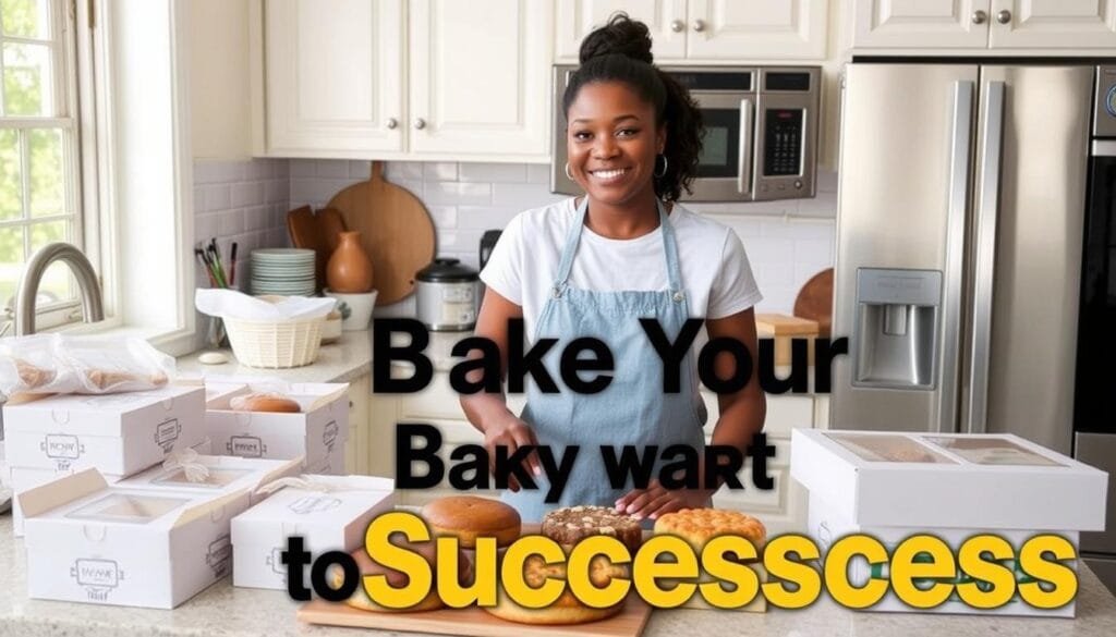 Home baker with freshly baked goods packaged for delivery, showing kitchen setup Home baker with freshly baked goods packaged for delivery, showing kitchen setup