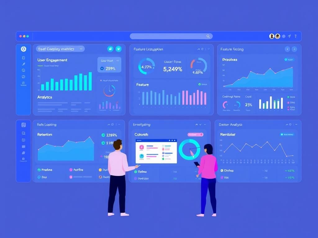Illustration showing SaaS dashboard with Mixpanel analytics tracking user engagement and product feature usage Illustration showing SaaS dashboard with Mixpanel analytics tracking user engagement and product feature usage