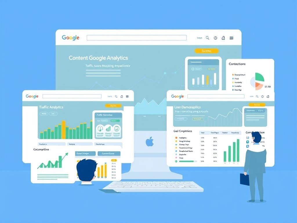 Illustration showing content website with Google Analytics tracking traffic sources, user demographics, and conversion paths Illustration showing content website with Google Analytics tracking traffic sources, user demographics, and conversion paths