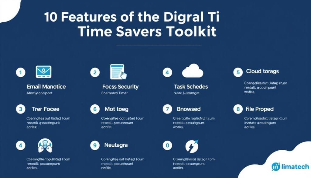 Infographic showing top 10 features of the Digital Time Savers Toolkit Infographic showing top 10 features of the Digital Time Savers Toolkit