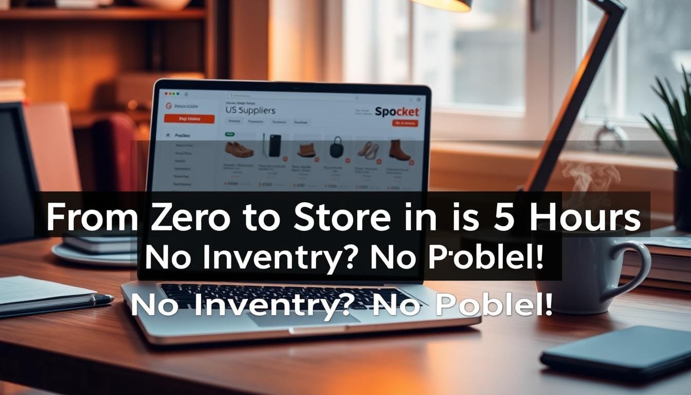 Laptop showing Spocket dashboard with text overlay: From Zero to Store in 5 Hours