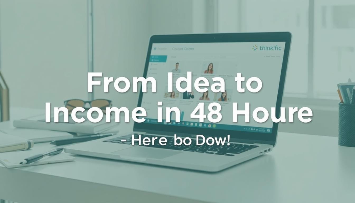 Laptop showing Thinkific course creation dashboard with text overlay: From Idea to Income in 48 Hours