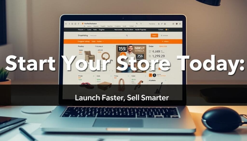Laptop showing successful dropshipping store with text overlay: Start Your Store Today - Launch Faster, Sell Smarter Laptop showing successful dropshipping store with text overlay: Start Your Store Today - Launch Faster, Sell Smarter