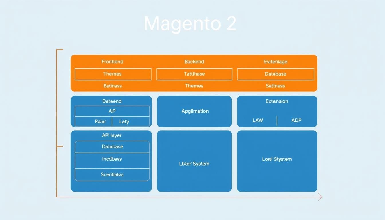Magento 2 Architecture Diagram showing core modules, themes, and extensions
