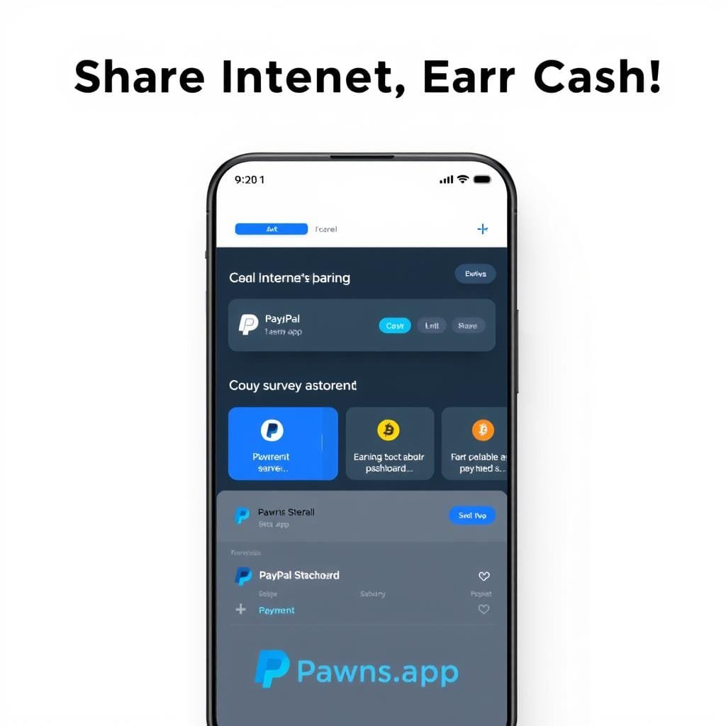 Pawns.app interface showing internet sharing and survey options Pawns.app interface showing internet sharing and survey options