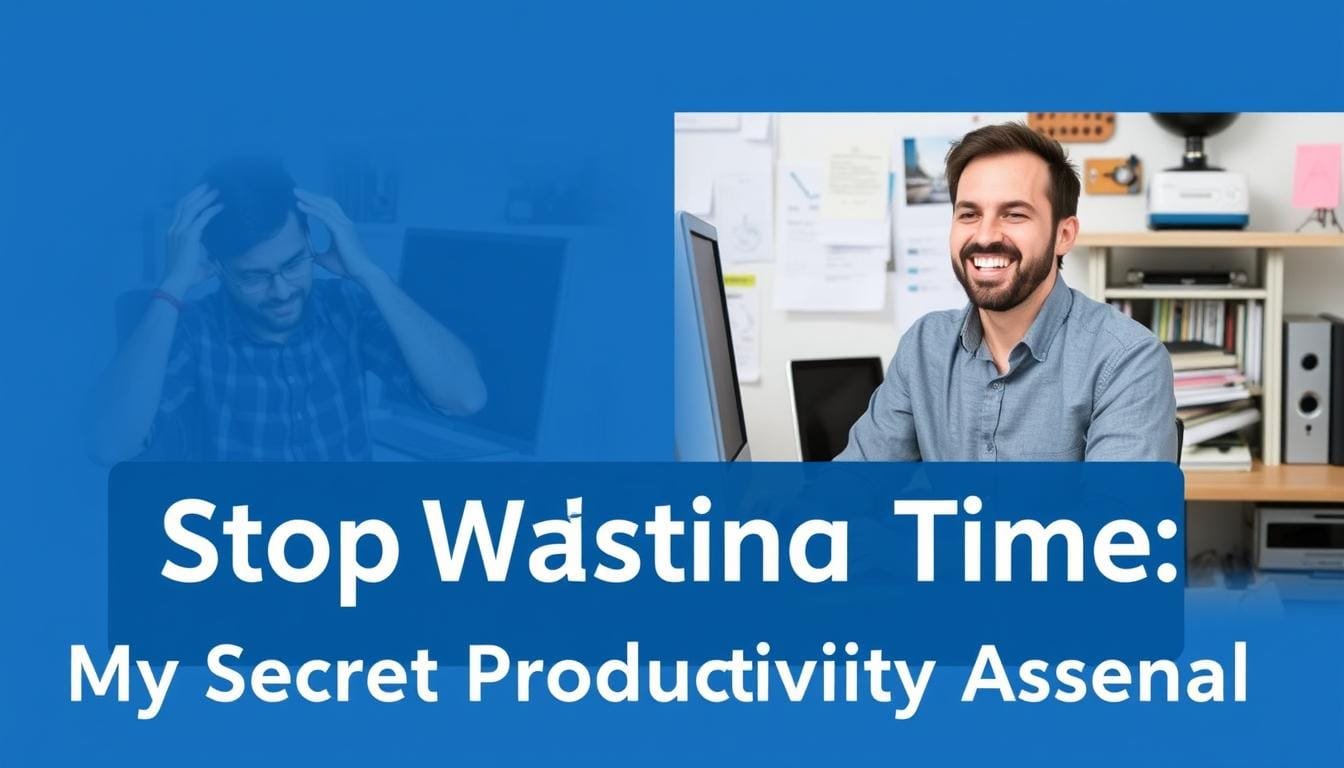Person looking relieved at organized computer desktop with Digital Time Savers Toolkit interface