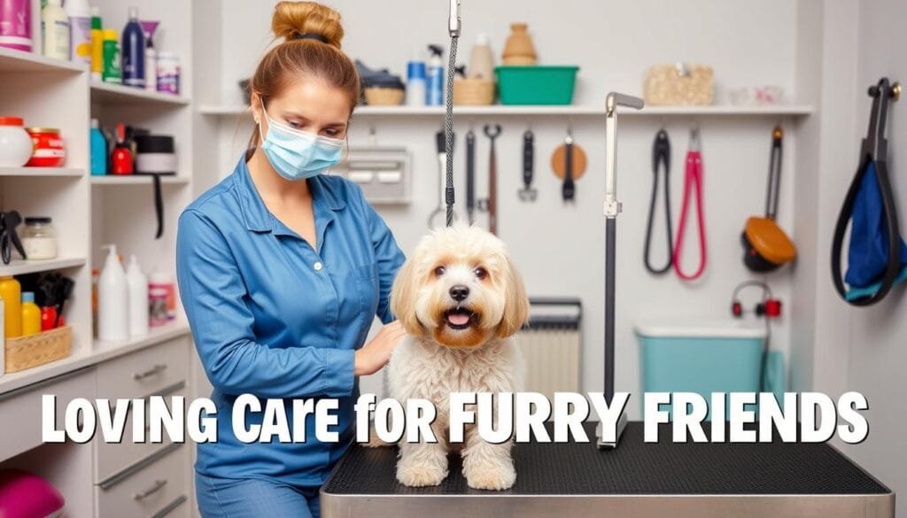 Person providing grooming services to a dog with pet care products visible Person providing grooming services to a dog with pet care products visible