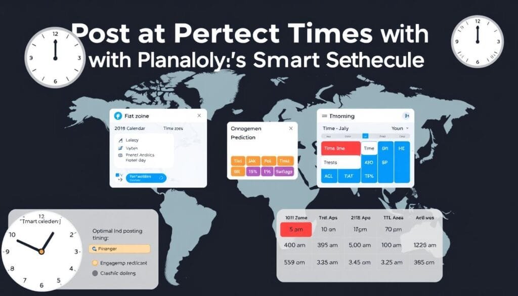 Planoly's smart scheduler showing optimal posting times across time zones Planoly's smart scheduler showing optimal posting times across time zones