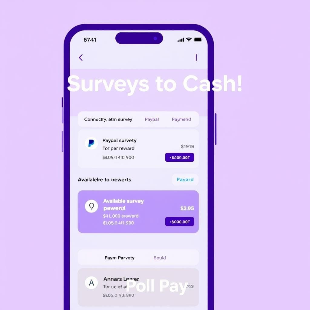 Poll Pay app interface showing survey options and payment methods Poll Pay app interface showing survey options and payment methods