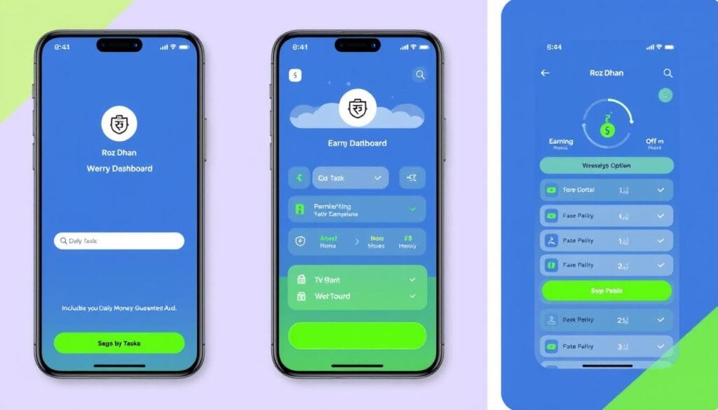 Roz Dhan app interface showing daily earning tasks and payment options Roz Dhan app interface showing daily earning tasks and payment options