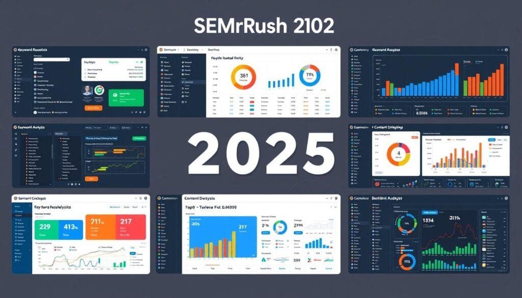 SEMrush 2025 Tools Overview showing multiple features and dashboards SEMrush 2025 Tools Overview showing multiple features and dashboards