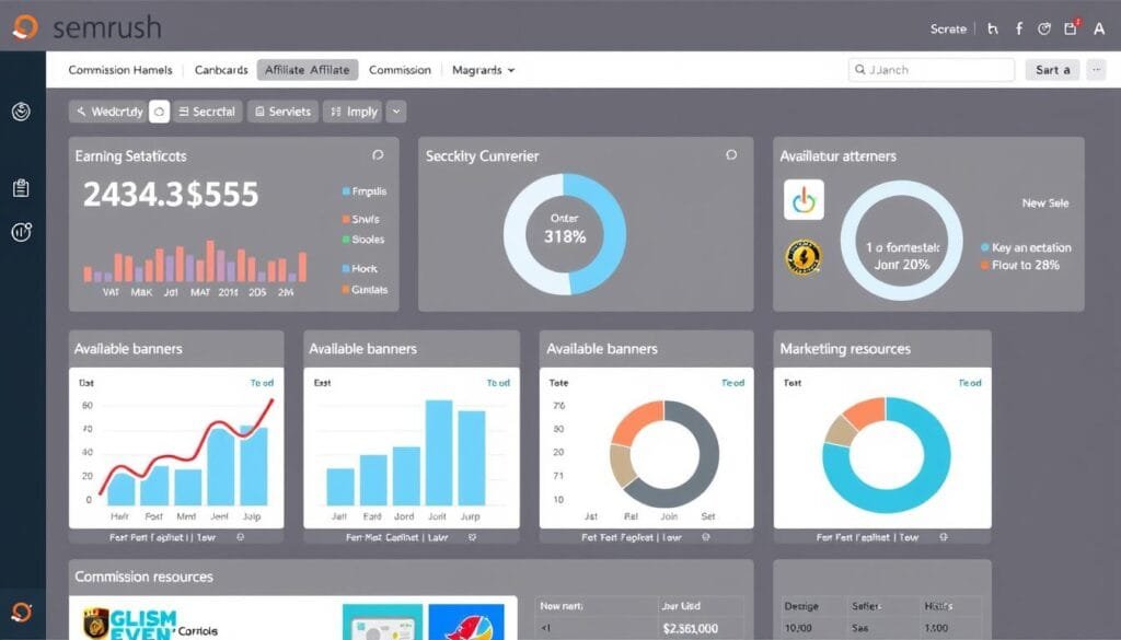 SEMrush Affiliate Dashboard showing earnings, conversions, and promotional materials SEMrush Affiliate Dashboard showing earnings, conversions, and promotional materials