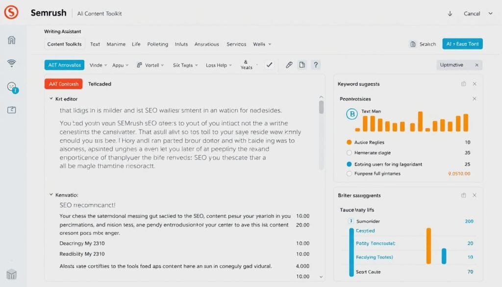 SEMrush Content Toolkit interface showing AI writing assistant and optimization tools SEMrush Content Toolkit interface showing AI writing assistant and optimization tools