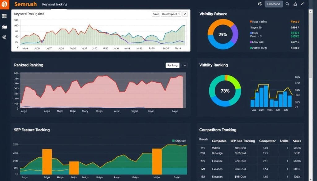 SEMrush Keyword Ranking Results showing position tracking dashboard with graphs and metrics SEMrush Keyword Ranking Results showing position tracking dashboard with graphs and metrics