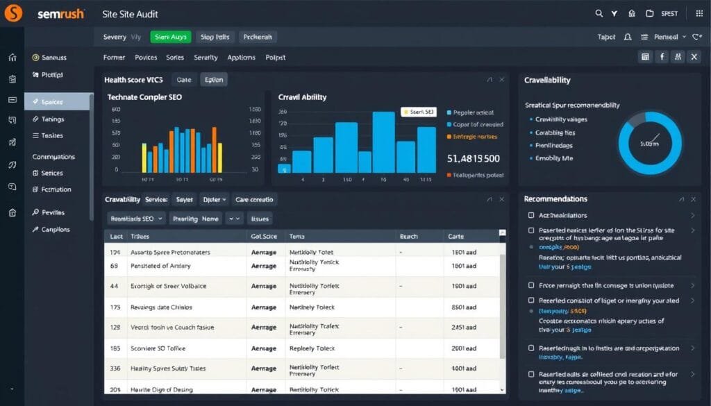 SEMrush Site Audit dashboard showing technical SEO issues and recommendations SEMrush Site Audit dashboard showing technical SEO issues and recommendations