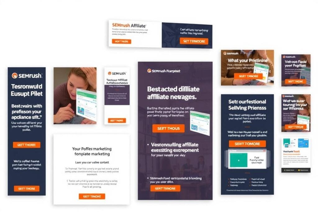 SEMrush affiliate marketing materials showing banners, landing pages, and promotional content SEMrush affiliate marketing materials showing banners, landing pages, and promotional content