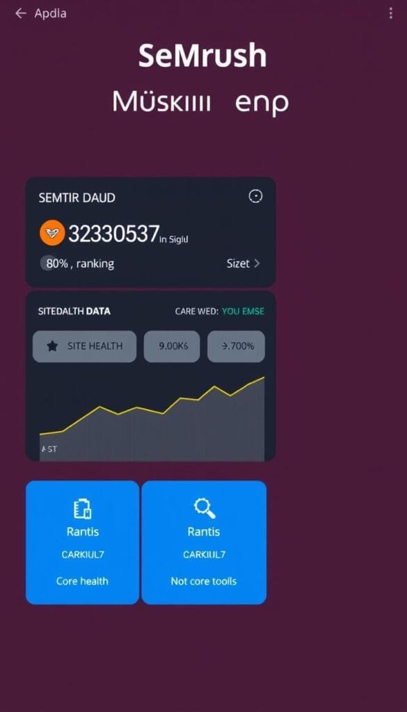 SEMrush mobile app interface showing key metrics and features SEMrush mobile app interface showing key metrics and features