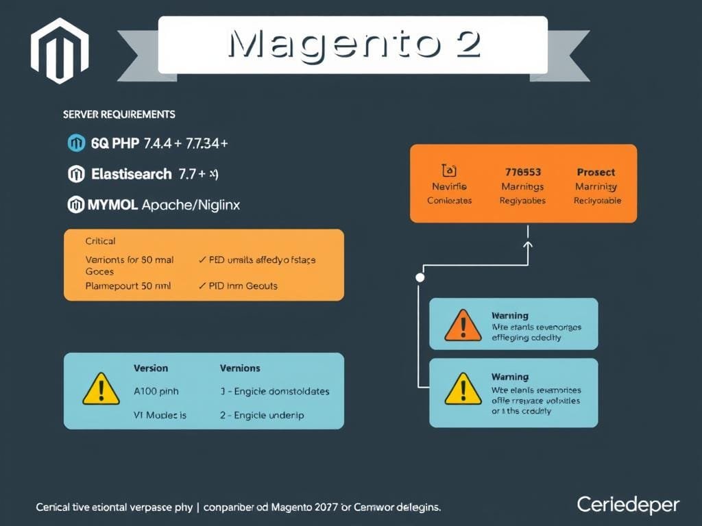 Server Stack Requirements for Magento 2 showing version numbers and compatibility notes Server Stack Requirements for Magento 2 showing version numbers and compatibility notes