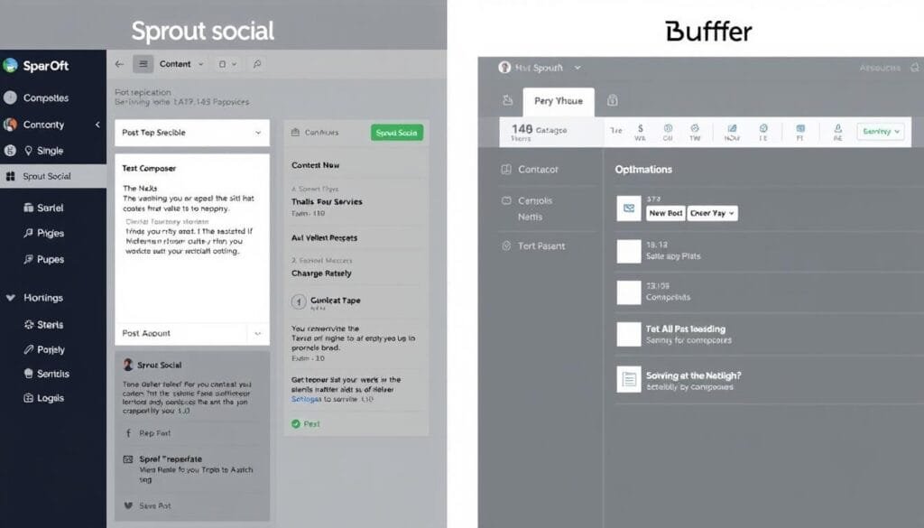 Side-by-side comparison of Sprout Social vs Buffer content creation interfaces Side-by-side comparison of Sprout Social vs Buffer content creation interfaces