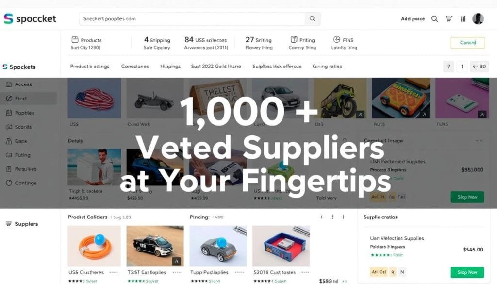 Spocket dashboard overview showing supplier listings with text overlay: 1,000+ Vetted Suppliers at Your Fingertips Spocket dashboard overview showing supplier listings with text overlay: 1,000+ Vetted Suppliers at Your Fingertips