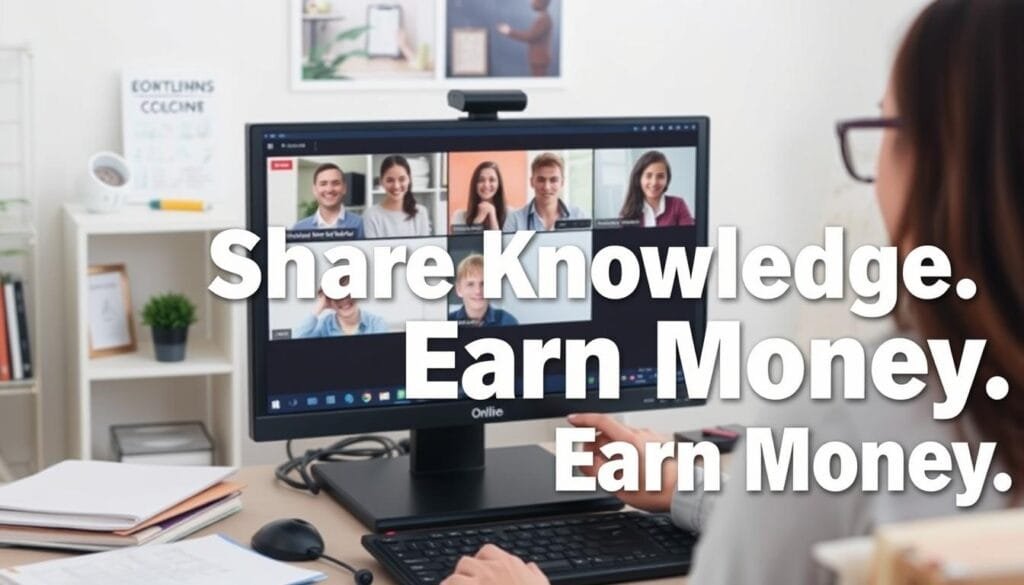 Teacher conducting an online class with students visible on screen, educational materials displayed Teacher conducting an online class with students visible on screen, educational materials displayed