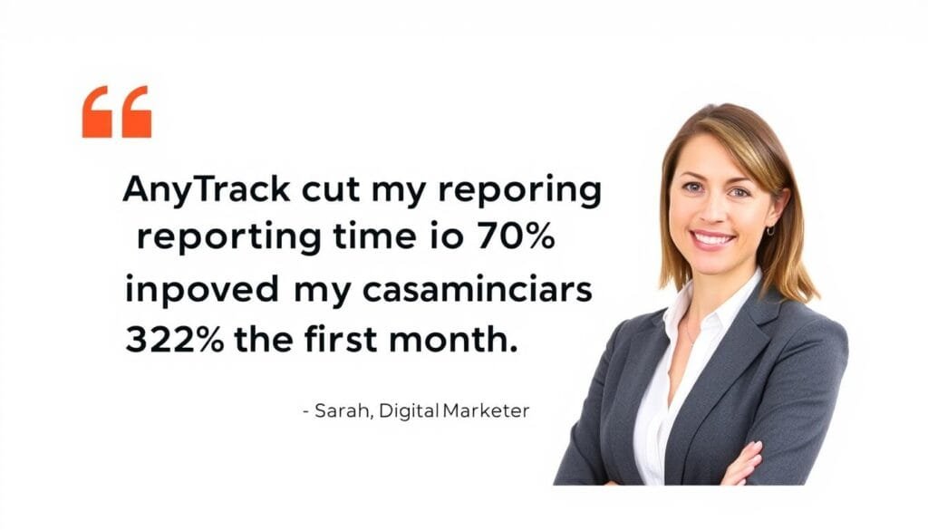 Testimonial quote from a digital marketer about time savings with AnyTrack Testimonial quote from a digital marketer about time savings with AnyTrack