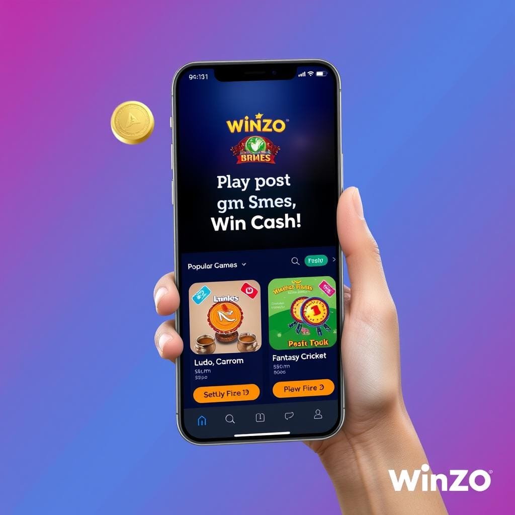 WinZO app interface showing games and cash prizes WinZO app interface showing games and cash prizes