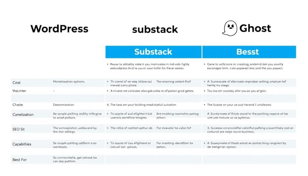 WordPress vs. Substack vs. Ghost - comparison table of blogging platforms WordPress vs. Substack vs. Ghost - comparison table of blogging platforms
